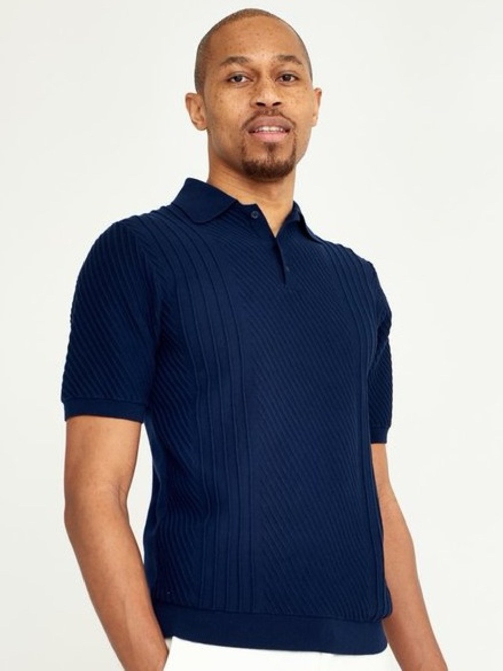 Wax London Men's Navy Textured Naples Knit Polo Shirt